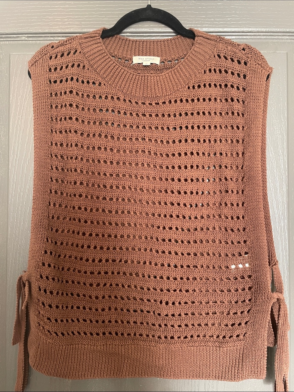 Max Studio chocolate brown Open-Knit Sleeveless Crewneck Sweater Vest